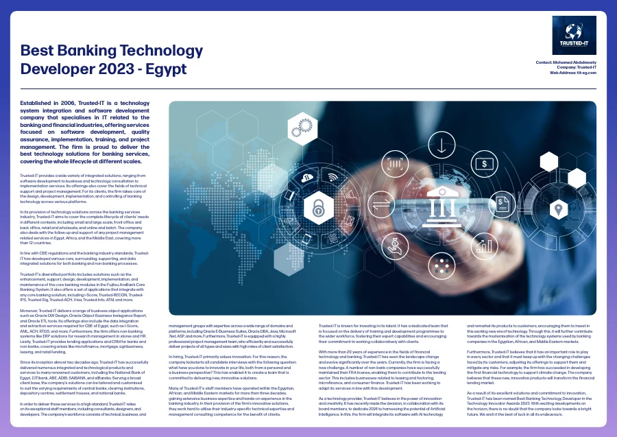 First page of the Best Banking Technology Developer award profile